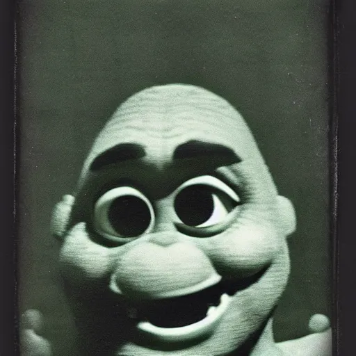 Image similar to 1 9 6 0's old polaroid of monster shrek staring from the depths of the dark gloomy forest, beksinsky, carpenter, creepy pasta, photorealistic, grainy, found footage, old film, low quality, horror, creepy, unsettling, liminal, terrifying