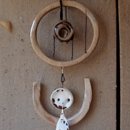 Image similar to This is a sketch of a wind chime made from the pieces of a broken mug. It shows the mug handle as the top piece with strings attached to it, and the bottom pieces of the mug hanging down like little bells