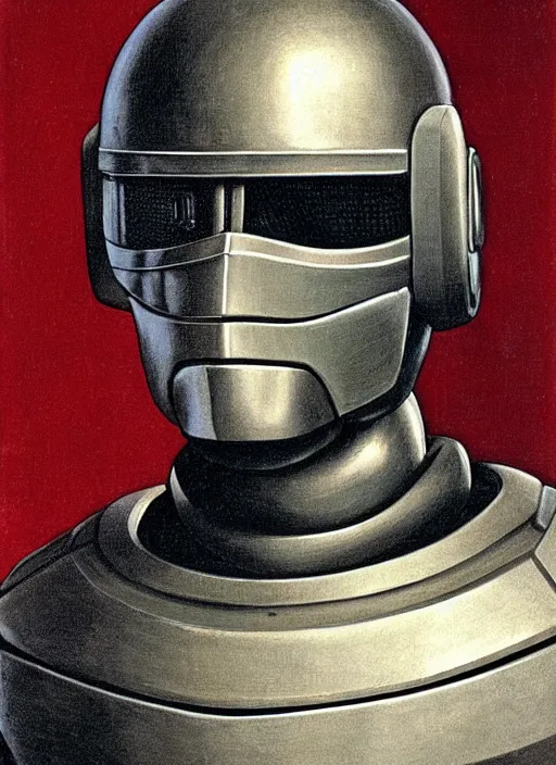 Image similar to a portrait of Robocop by Jan van Eyck