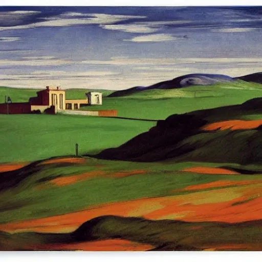 Image similar to landscape of donegal ireland, by edward hopper and giorgio de chirico