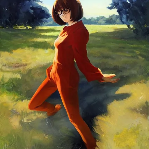 Prompt: Greg Manchess painting of Velma Dinkley, anime style, winged eyelashes, countryside, calm, fantasy character portrait, dark outlines, dynamic pose, above view, sunny day, artwork by Makoto Shinkai, very coherent asymmetrical artwork, sharp edges, perfect face, simple form, 100mm, concept art oil painting by Jama Jurabaev, extremely detailed, brush hard, artstation