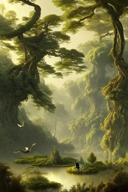 Prompt: beautiful forest with twisting fantasy tress and pond with birds, Digital Matte Illustration by Raphael Lacoste and Ralph McQuarri