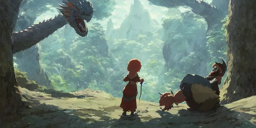 Image similar to a dwarf and his small pet dragon drinking a beer together | sharp contrast | by greg rutkowski makoto shinkai takashi takeuchi studio ghibli