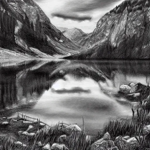 Image similar to lago di sorapis, hyper - realistic black and white drawing, hyper detailed