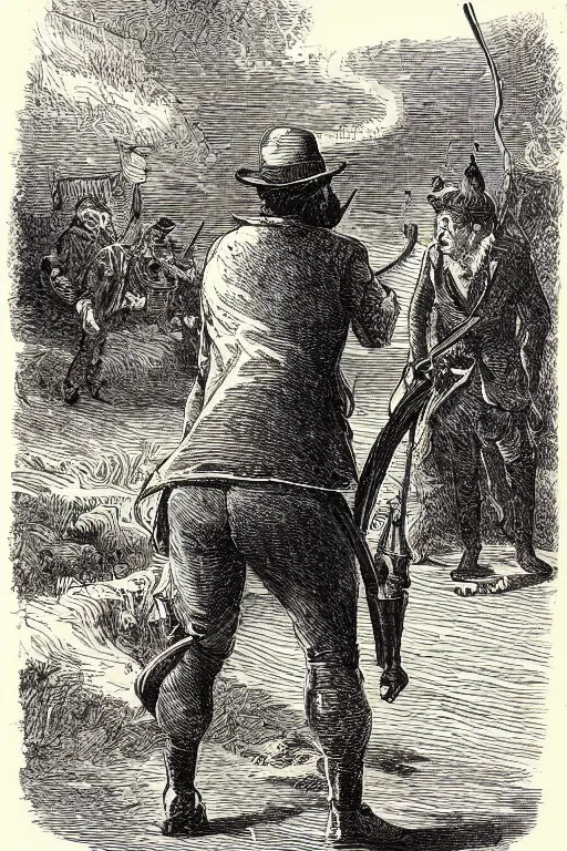 Image similar to 19th century wood-engraving of a lone British man point a musket at the back standing with his back turned to the viewer, mammoth running away in the background, whole page illustration from Jules Verne book, art by Édouard Riou Jules Férat and Henri de Montaut, high quality, beautiful, removed watermarks