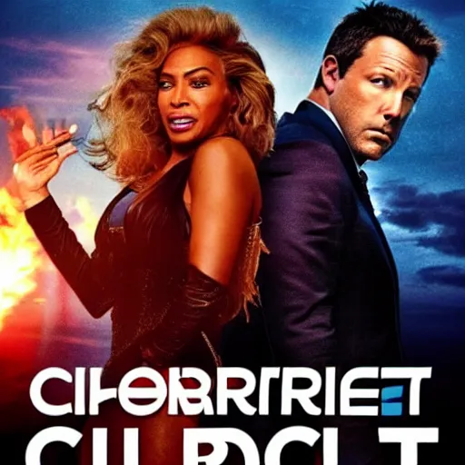 Image similar to movie poster of movie climate catastrophe 2 0 5 0, where the world is burning from global warming. starring ben affleck and tina turner.