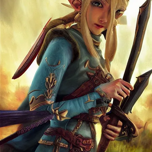 Prompt: detailed princess zelda slaying zombies ntricate, hyper detailed, realistic, oil painting, cinematic lighting