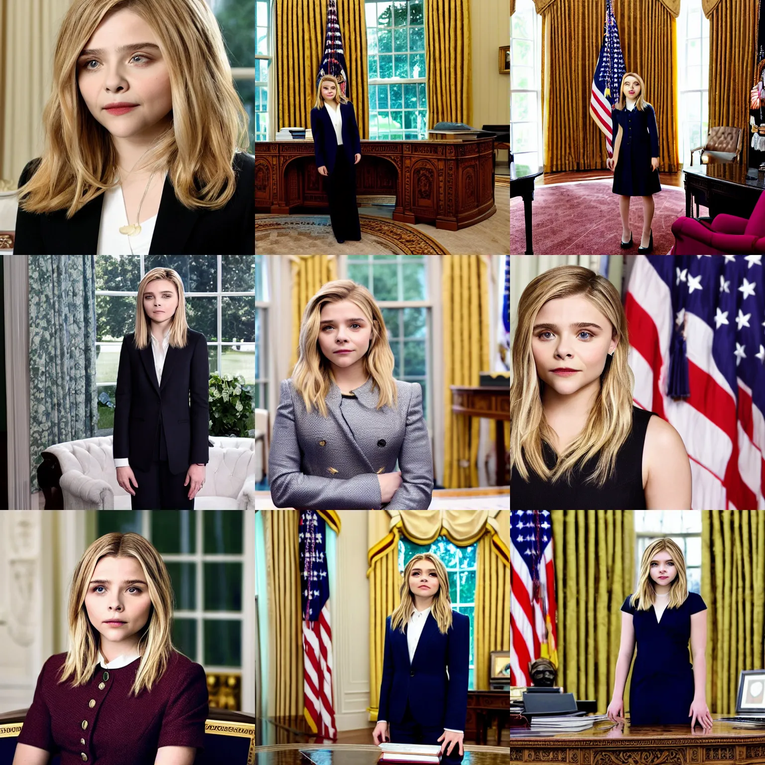 Prompt: Chloë Grace Moretz as President of the United States, standing in the Oval Office, official photo portrait headshot