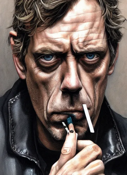 Image similar to portrait of hugh laurie, gritty, dark, wearing a leather jacket, smoking a cigarette, very detailed eyes, hyperrealistic, very detailed painting by Glenn Fabry, by Joao Ruas, by Artgerm