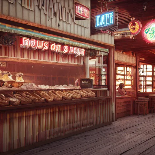 Image similar to Donuts on display at a USA western saloon in the 1800s, robot barkeep, muted cyberpunk style, tranquil, busy but lonely, atmospheric, hazy, sweltering, autochrome, 8k, reflections, octane render, unreal engine 5