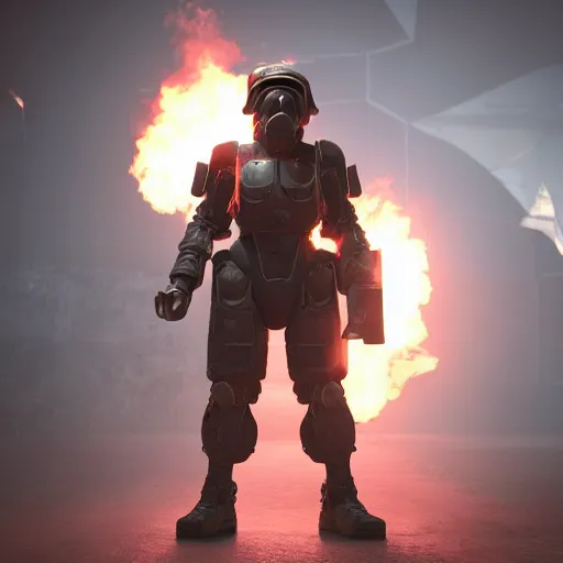 Prompt: a soldier wearing a full set of hellfire advanced power armor and holding a flamethrower, 3 d render, octane, ray tracing, ultra detailed, photorealistic, high resolution, 8 k, fire, jungle