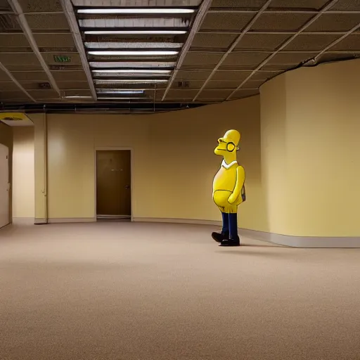 Prompt: A photograph of homer simpson walking through a dark, abandoned department store where the walls, carpet and ceiling are colored beige. liminal space