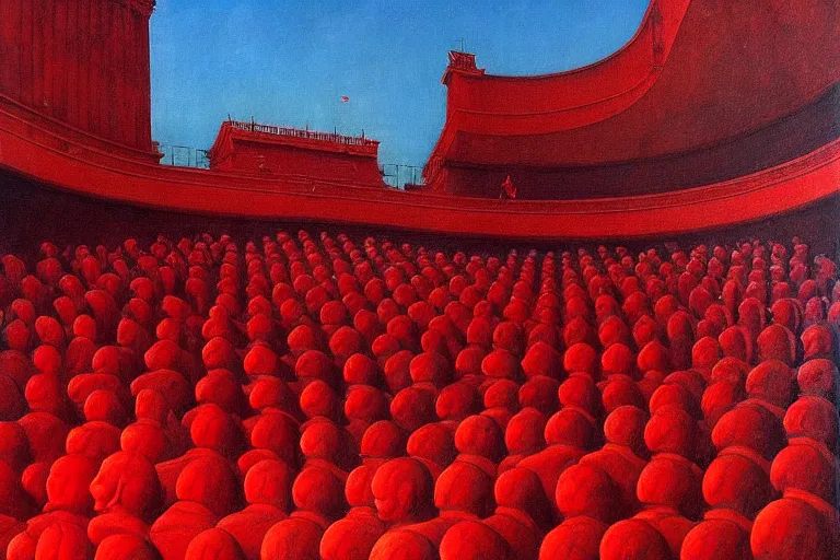 Image similar to only with red, a red melted emperor, taormina amphitheatre, crowd hails him, in the style of beksinski, parts by edward hopper, parts by rodcenko, parts by yue minjun, intricate and epic composition, red by caravaggio, insanely quality, highly detailed, masterpiece, red light, artstation, 4 k