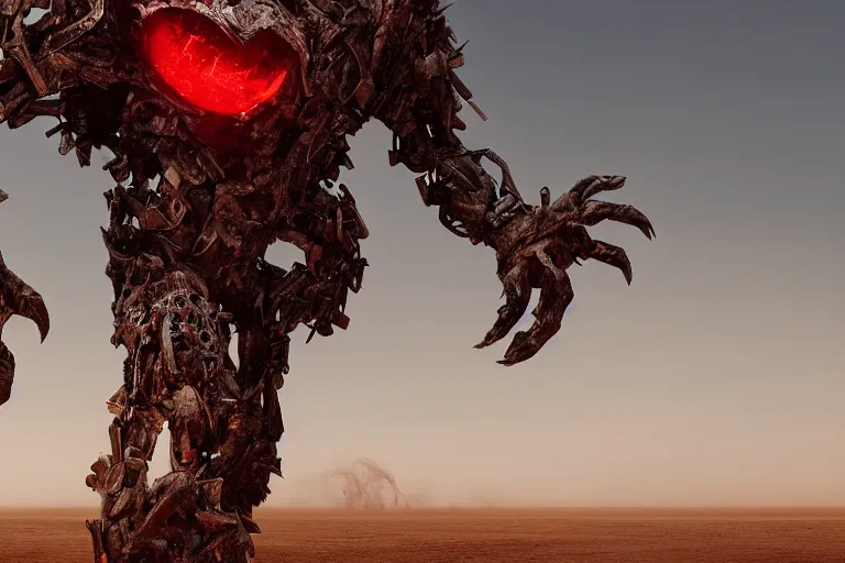 Prompt: a gigantic angry monster made of scrap metal with red eyes, standing in the desert, looking at camera, realism, photo realistic, high quality, misty, hazy, ambient lighting, cinematic lighting, studio quality,