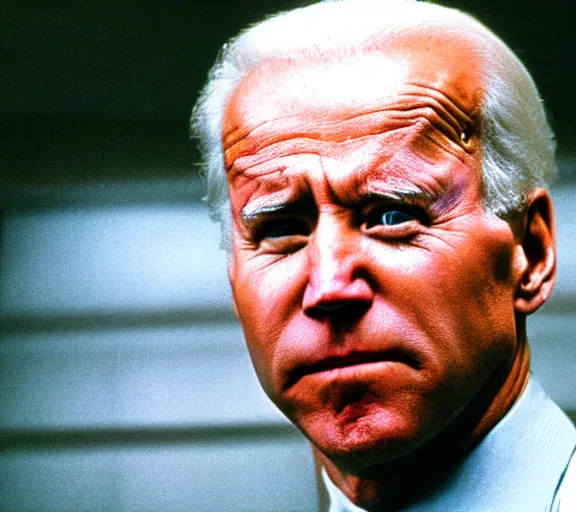 Prompt: color still shot of joe biden on predator 1 9 8 7, face closeup,