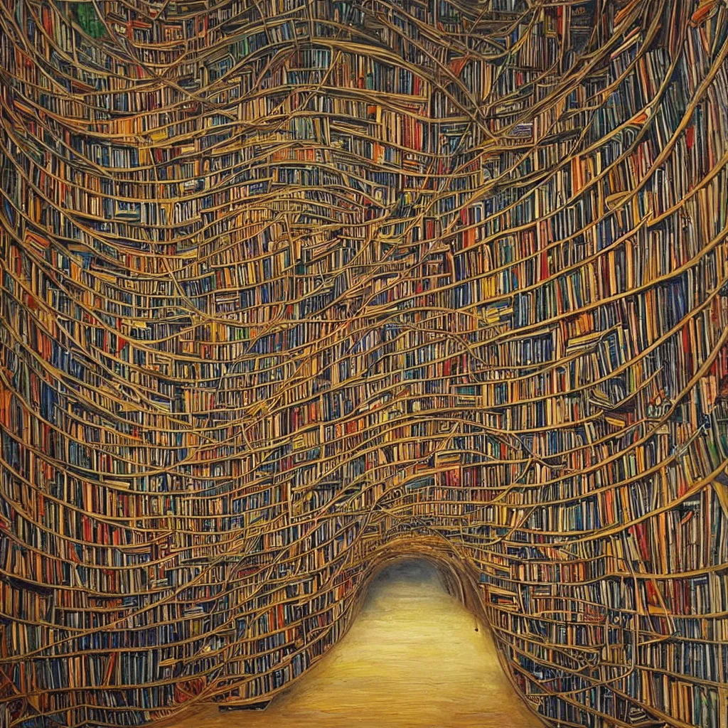 Prompt: Infinite tunnel made of bookshelfs, beatiful oil painting,