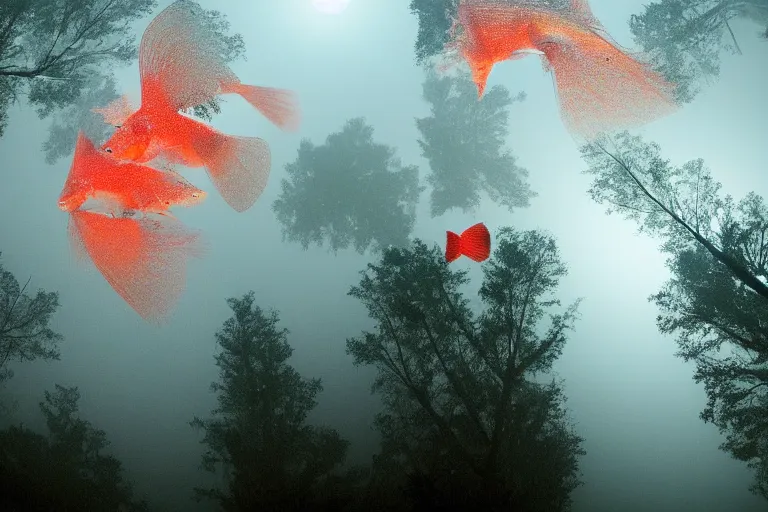 Prompt: huge red giant japanese fishes are flying between the tall trees of a deep forest at night. Looking up view, dramatic perspective.misty, mood.