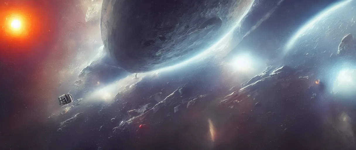 Image similar to illustration, a single small spaceship, nasa, deep space exploration, alone, the expanse tv series, industrial design, battlestar galactica tv series (2004), cinematic lighting, 4k, greebles, widescreen, wide angle, sharp and blocky shapes, rich colors, hyper realistic, hubble photography, beksinski