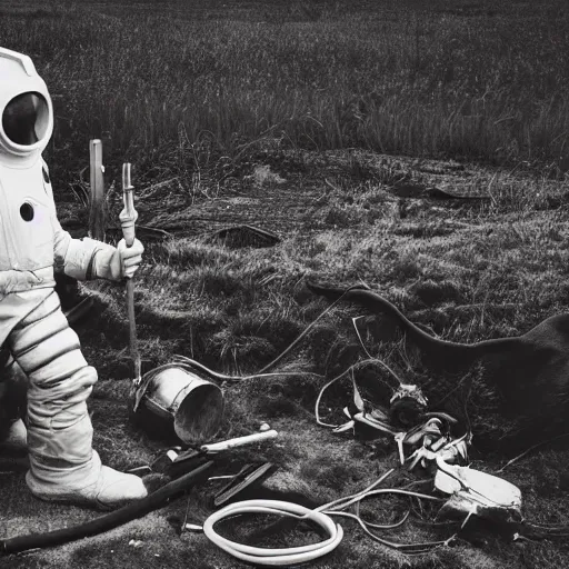 Image similar to wide angle photo of viking wearing space suit helmet and viking armor working on the antigravity gun ancient device, tools and junk on the ground,wires and lights, old village in the distance, vintage old photo, black and white, sepia