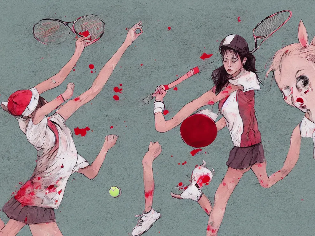 Image similar to young adult women playing tennis with a ball shaped like a rabbit, blood stains on shirt, blood on tennis court, bleeding audience, illustration, traditional drawing style, dramatic mood, textured canvas, pastels, 8 k render octane high definition cgsociety