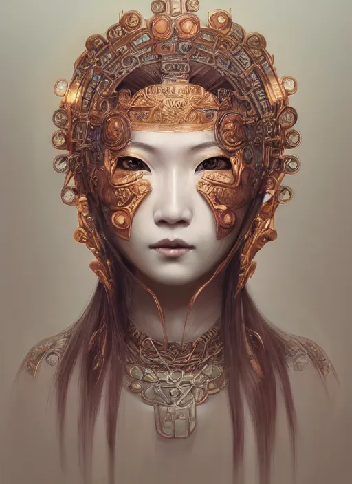 Prompt: a beautiful detailed oil on copper art illustration of a japanese kokushikijo mask woman, centered, by charlie bowater, zeng fanzh, trending on artstation, dim dusk lighting, cinematic lighting, detailed lighting, volumetric lighting, realistic, f 8, 4 k hd wallpaper