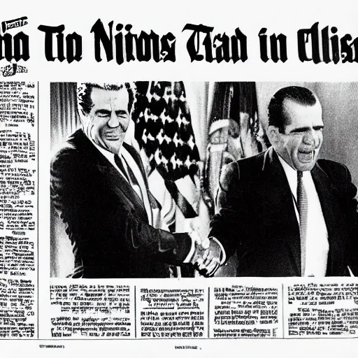 Prompt: Newspaper photograph showing President Nixon making a deal with a massive fire demon