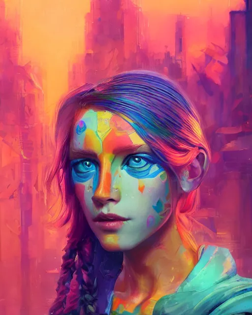 Image similar to colorful portrait of a female hippie, but set in the future 2 1 5 0 | highly detailed | very intricate | symmetrical | professional model | cinematic lighting | award - winning | painted by mandy jurgens | pan futurism, dystopian, bold psychedelic colors, cyberpunk, anime aesthestic | featured on artstation