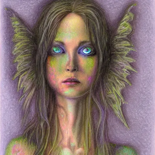 Prompt: detailed realistic fantasy pastel and pencil illustration of a beautiful woman with glowing eyes, stands in center with open arms.