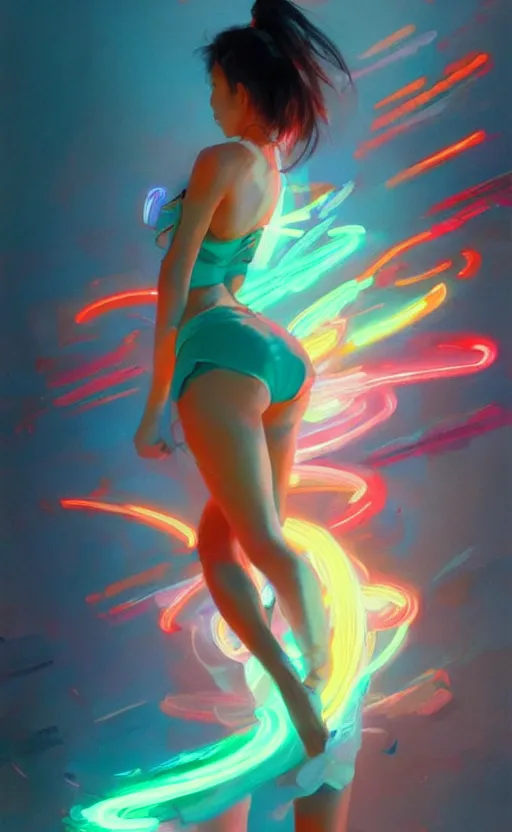 Image similar to ethnic asian girl wearing a skimpy clothes, digital illustration by ruan jia on artstation, outlined by whirling illuminated neon lines and fine lines swirling in circles by jesper ejsing and rhads and makoto and shinkai and lois van baarle, digital art, trending on artstation