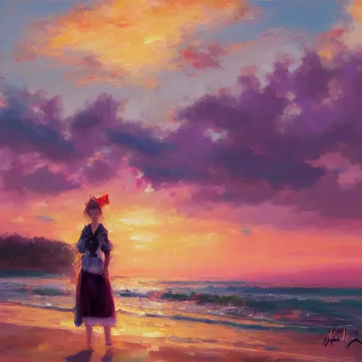 Image similar to Beautiful portrait of Kirisame Marisa at sunset on the beach, touhou project, oil painting by Antoine Blanchard, sold at an auction, oil on canvas, official artwork , wide strokes, pastel colors, soft lighting