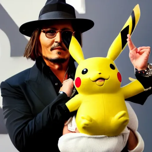 Image similar to johnny depp holding a baby pikachu