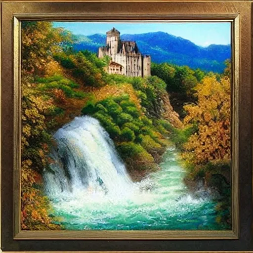 Prompt: romanticism landscape painting portraying a castle built on top of a singular mountain peak with its moat turning into waterfalls,beautiful scenery