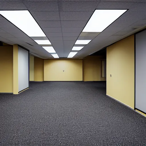 Image similar to sammy sosa lost in huge empty office spaces, walls are light yellow, carpeted floor, liminal, poorly lit,