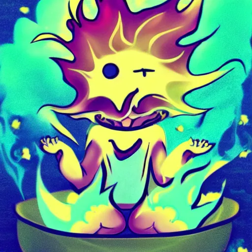 Image similar to fluffy popcorn elemental spirit anime character with a smiling face and flames for hair, sitting on a lotus flower, clean composition, symmetrical