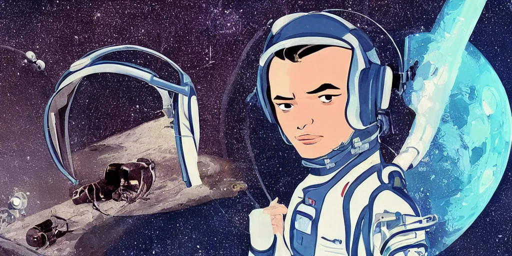 Prompt: a headshot portrait of Alain Delon pilot in spacesuit headphones in pacing on field forrest space station landing laying lake artillery outer worlds shadows in Gandahar FANTASTIC PLANET La planète sauvage animation by René Laloux