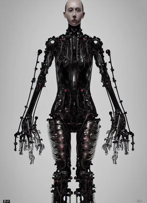 Image similar to iris van herpen gothic inflateble dark dress, perfect symmetrical body, helmet on face, full body shot, inflateble shapes, wires, tubes, veins, jellyfish, white biomechanical details, wearing epic bionic cyborg implants, masterpiece, intricate, biopunk, vogue, highly detailed, artstation, concept art, cyberpunk, octane render