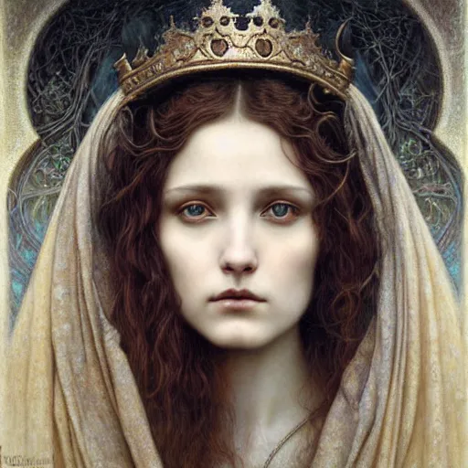 Image similar to detailed realistic beautiful young medieval queen face portrait by jean delville, tom bagshaw, brooke shaden, gustave dore and marco mazzoni, art nouveau, symbolist, visionary, gothic, pre - raphaelite, ornate gilded medieval icon, surreality