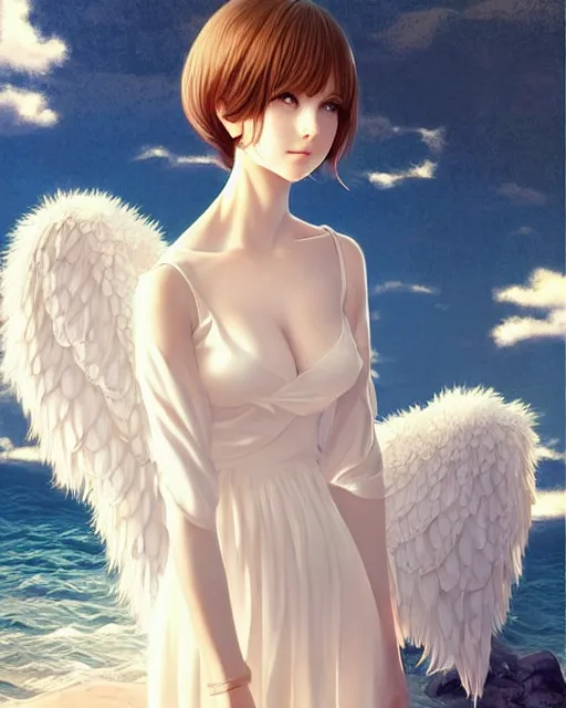 Image similar to infinitely detailed full - body portrait pale female peaceful dream angel wearing elegant clothes. beautiful! scenery art! by wlop & murata range, by ilya kuvshinov. artstation!! / pixiv!!