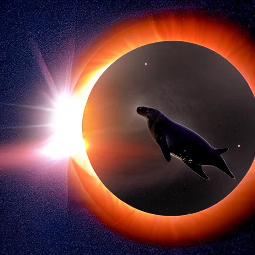 Image similar to a solar eclipse by a giant seal floating in space