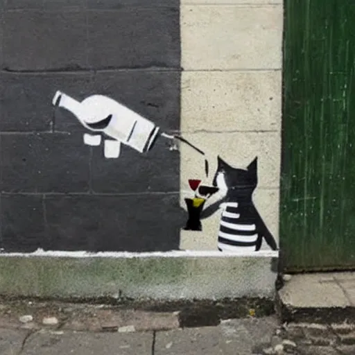 Image similar to Street art of an alcoholic cat who drink wine, by banksy