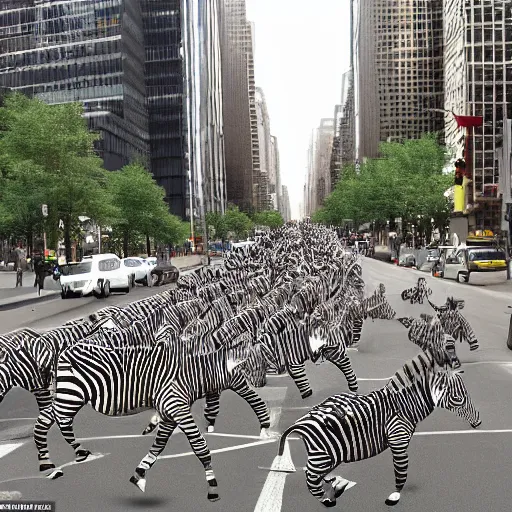 Prompt: polychromatical zebras running on a stampede in maddison avenue, jumping taxis, view from the buildings, realistic