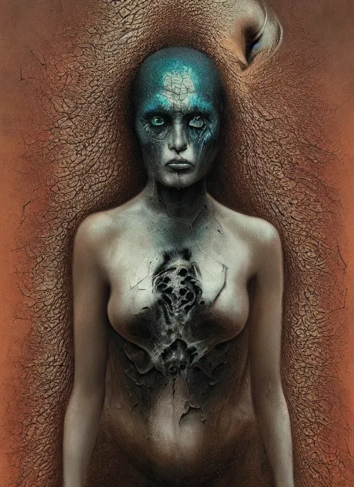 Prompt: dramatic matte portrait painting of woman with black mandelbrot fractal instead of face, in style of zdzisław beksinski, horror, body horror, dark art, 4 k, detailed, realistic, psychotic, insane, crazy, mental illness, dramatic,