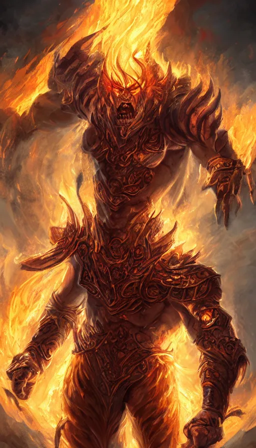 Image similar to fire elemental, man figure, flat background, man body, full body, intricate, beautiful, pathfinder, path of exile, league of legends, epic painting, paint texture, uplight, 8k, highly detailed, illustration