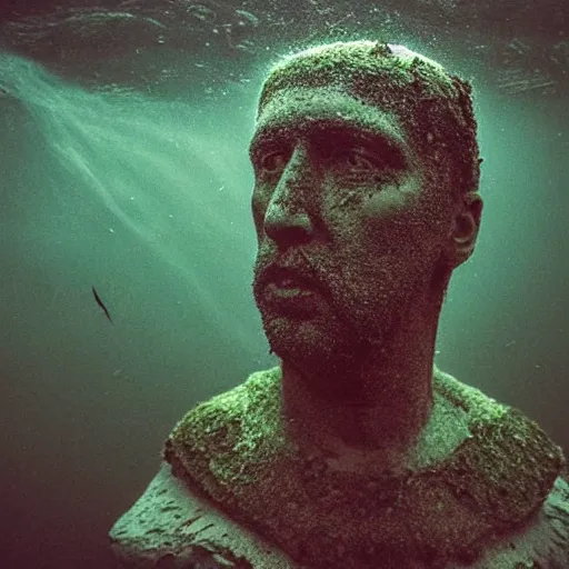 Image similar to Award-winning photograph by Mar Mann. The photo depicts a decaying roman bust of Nicolas Cage overgrown with moss at the bottom of the sea. Minimalism, high definition, perfect composition. Deep sea picture. Very dark. Volumetric Lighting. Fish. Darkness. Ruins