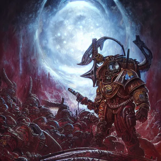 Image similar to photorealistic warhammer 4 0 k in the style of michael whelan and gustave dore. hyperdetailed photorealism, 1 0 8 megapixels, fully clothed, lunar themed attire, amazing depth, glowing rich colors, powerful imagery, psychedelic overtones, 3 d finalrender, 3 d shading, cinematic lighting, artstation concept art