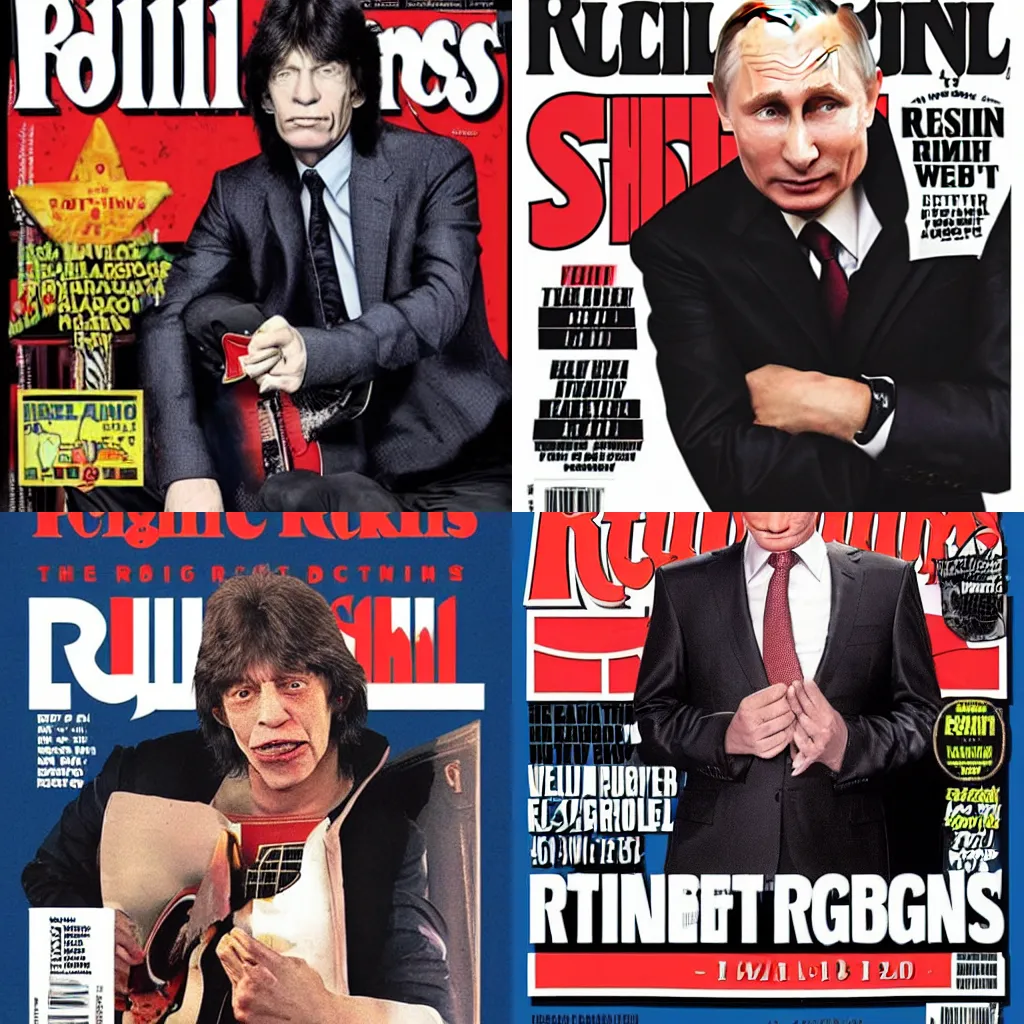 Prompt: Vladimir Putin as a Rock and Roll Guitarist on the cover of Rolling Stones Magazine