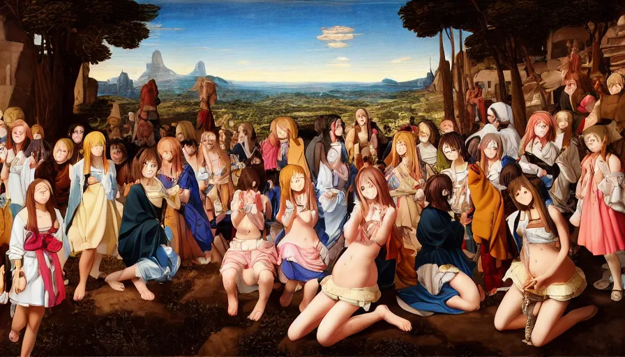 Prompt: jesus christ surrounded by cute anime girls, photorealistic, anime, mini skirt, neko, cat ears, renaissance painting, hyper real, detailed, wide angle shot, ultra detailed