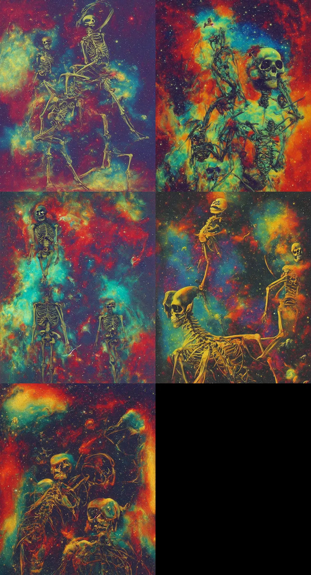 Prompt: a psychedelic cosmonaut skeleton tearing his suit off, rainbow melting color scheme, floating in the cosmos nebula, Beksinski