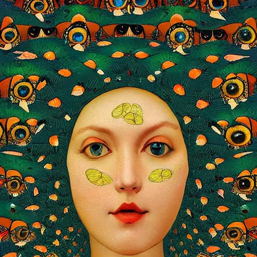 Prompt: a beautiful print a large eye that is looking directly at the viewer. the eye is composed of a myriad of colors and patterns, and it is surrounded by smaller eyes. the smaller eyes appear to be in a state of hypnosis, and they are looking in different directions. by carl spitzweg, by catrin welz - stein rigorous