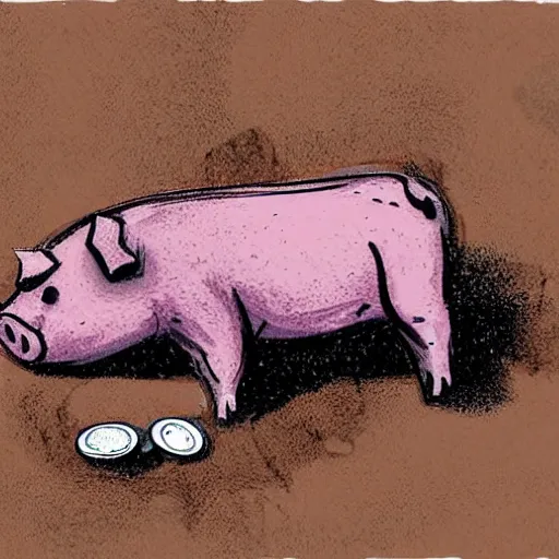 Image similar to a muddy pig rolling in a pile of money, cartoon art style,